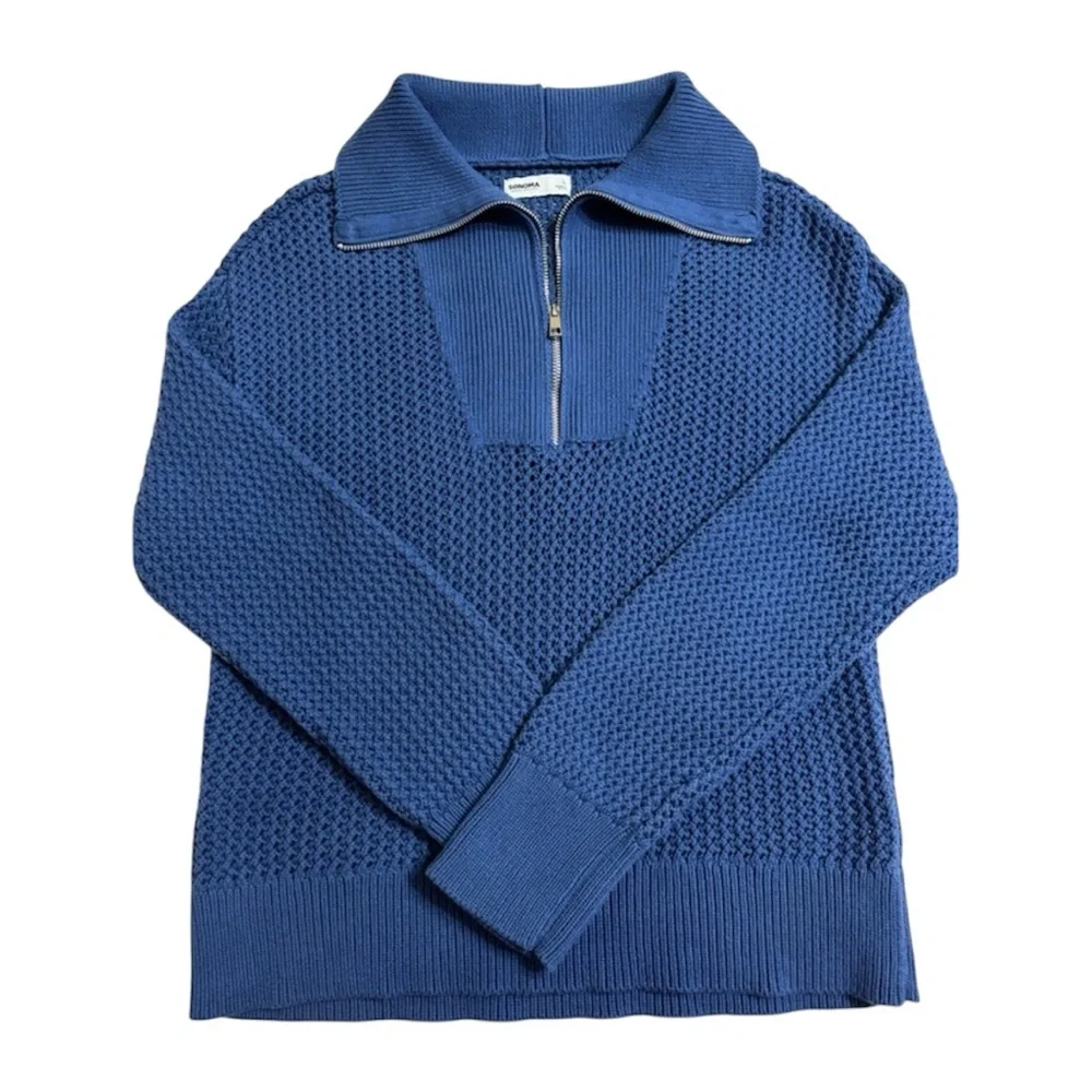 Blue Open Knit 1/4 Zip-Funnel Neck/Polo Collar- sz L Coastal Grandma Resortwear